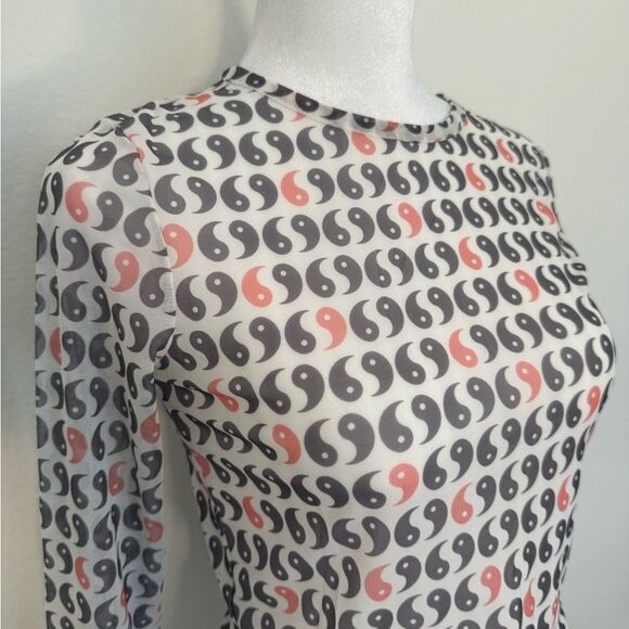 Asos White Sheer Long Sleeve Crop Top Brown and Orange Yin Yang Pattern Size 2P - Picture 8 of 11